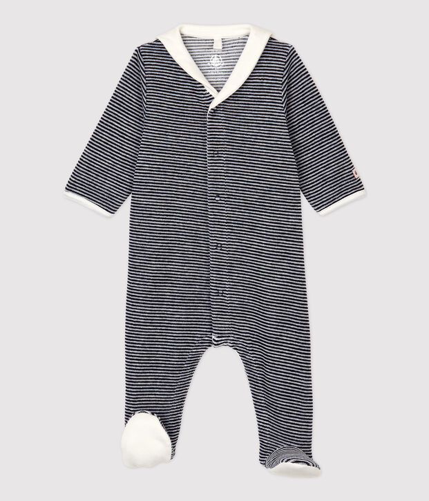 Babies' Stripy Organic Cotton Velour Sleepsuit with Collar blue/white